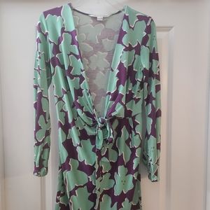 Diane Von Furstenberg green and purple floral Print mini Shift Dress Sz …